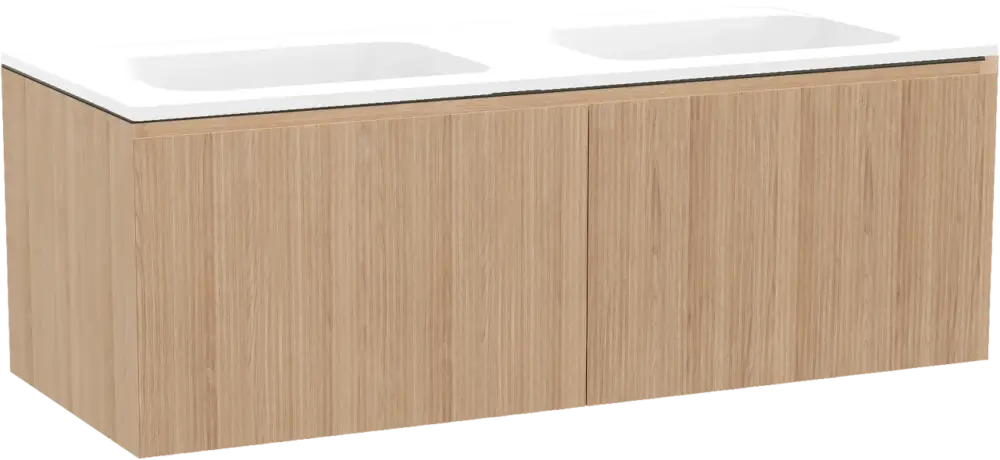 Balmani Fila by Mitra hängendes Möbelstück Set: 135 x 55 cm, Naturbelassene Eiche, mit Tablo Strada Doppelwaschtisch, Marmorkomposit, Weiß matt, Vertikale symmetrische gerade Rippe Neue Ware