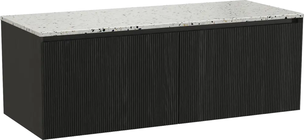 Abverkauf Balmani Fila by Mitra hängendes Möbelstück Set: 135 x 55 cm, Schwarze Eiche, mit Stretto Einzel- oder Doppel Waschtischplatte, Terrazzo in Weiß/Schwarz matt, Vertikale symmetrische gerade Rippe