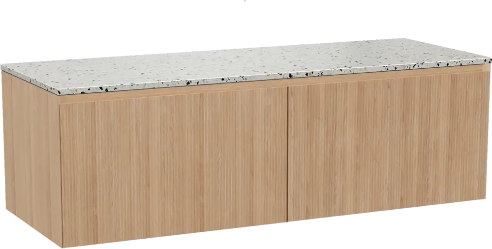Sofort Bestellen Balmani Fila by Mitra hängendes Möbelstück Set: 150 x 55 cm, Naturbelassene Eiche, mit Stretto Einzel- oder Doppel Waschtischplatte, Terrazzo in Weiß/Schwarz matt, Vertikale symmetrische gerade Rippe