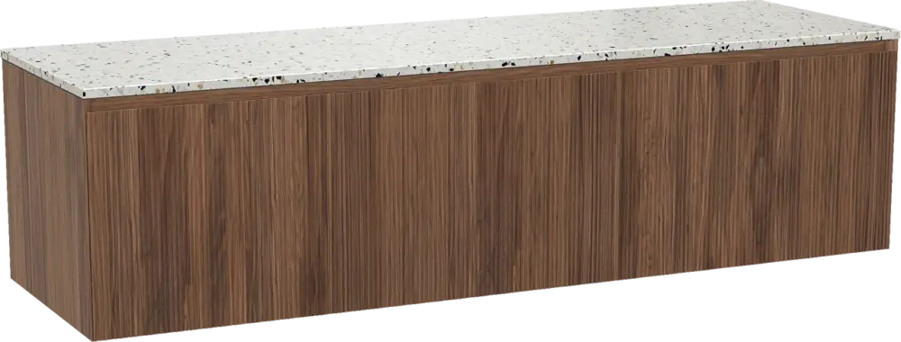 Balmani Fila by Mitra hängendes Möbelstück Set: 180 x 55 cm, Nussbaum, mit Stretto Einzel- oder Doppel Waschtischplatte, Terrazzo in Weiß/Schwarz matt, Vertikale symmetrische gerade Rippe Sonderangebot