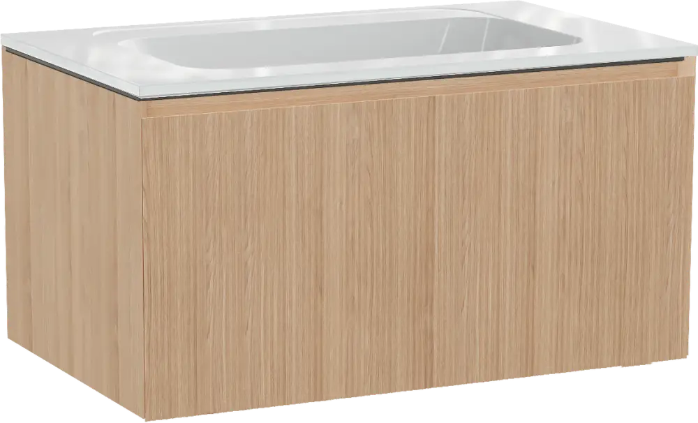 Balmani Fila by Mitra hängendes Möbelstück Set: 90 x 55 cm, Naturbelassene Eiche, mit Tablo Strada Einzelwaschtisch, Marmorkomposit, Weiß glänzend, Vertikale symmetrische gerade Rippe Top-Angebot