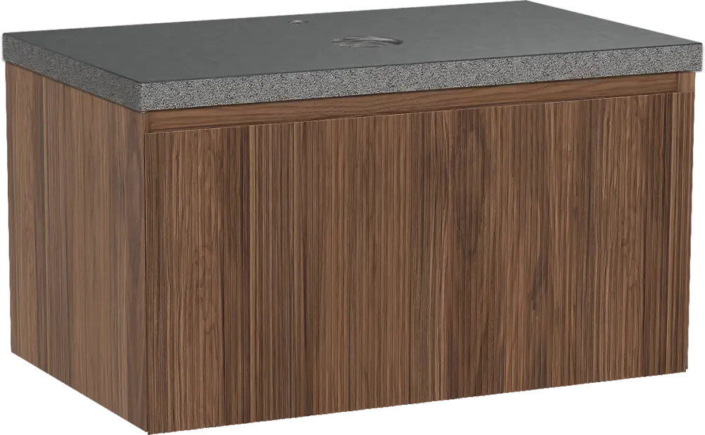 Sale Balmani Fila by Mitra hängendes Möbelstück Set: 90 x 55 cm, Nussbaum, mit Rock Einzel Waschtischplatte, Granit, Schwarzes Granit, Vertikale symmetrische gerade Rippe