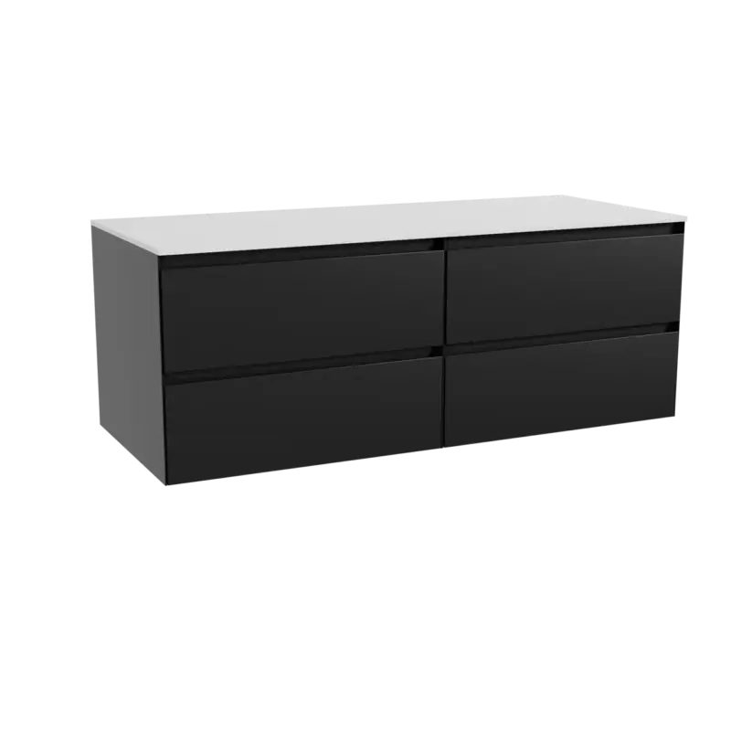Aktuell Balmani Mitra hängendes Möbelstück Set: 135 x 55 cm, Schwarz matt, mit Stretto Einzel- oder Doppel Waschtischplatte, Solid Surface Weiß matt