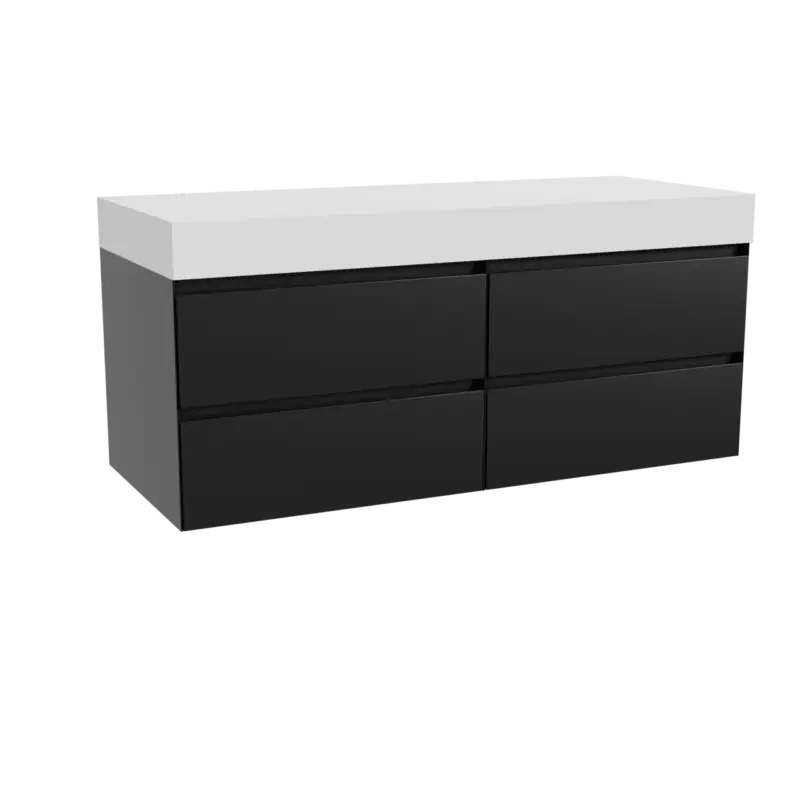 Aktuell Balmani Mitra hängendes Möbelstück Set: 135 x 55 cm, Schwarz matt, mit Dominus Einzel- oder Doppel Waschtischplatte, Solid Surface Weiß matt