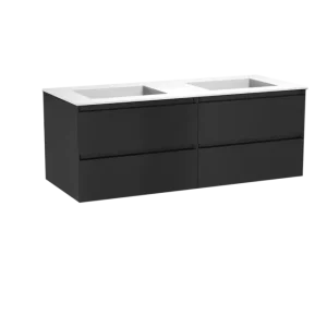 Zertifiziert Balmani Mitra hängendes Möbelstück Set: 135 x 55 cm, Schwarz matt, mit Tablo Stretto Doppelwaschtisch, Solid Surface Weiß matt