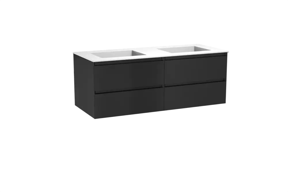 Zertifiziert Balmani Mitra hängendes Möbelstück Set: 135 x 55 cm, Schwarz matt, mit Tablo Stretto Doppelwaschtisch, Solid Surface Weiß matt