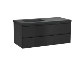 Zertifiziert Balmani Mitra hängendes Möbelstück Set: 120 x 55 cm, Schwarz matt, mit Napoli Waschtisch links, Schwarzes Granit