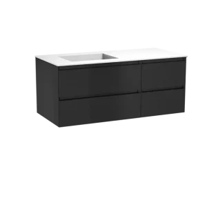 Abverkauf Balmani Mitra hängendes Möbelstück Set: 120 x 55 cm, Schwarz matt, mit Tablo Stretto Waschtisch links, Solid Surface Weiß matt