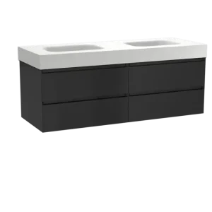 Aktuell Balmani Mitra hängendes Möbelstück Set: 150 x 55 cm, Schwarz matt, mit Arcato Doppelwaschtisch, Solid Surface Weiß matt
