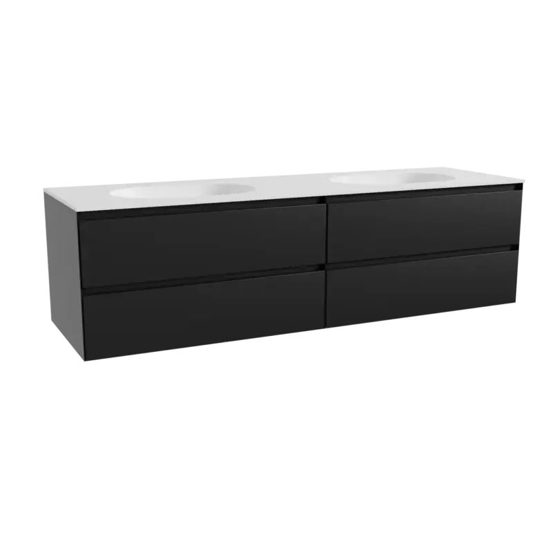 Aktuell Balmani Mitra hängendes Möbelstück Set: 180 x 55 cm, Schwarz matt, mit Tablo Oval Doppelwaschtisch, Solid Surface Weiß matt