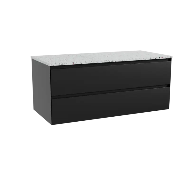 Bestpreis Balmani Mitra hängendes Möbelstück Set: 120 x 55 cm, Schwarz matt, mit Stretto Einzel- oder Doppel Waschtischplatte, Terrazzo in Weiß/Schwarz matt