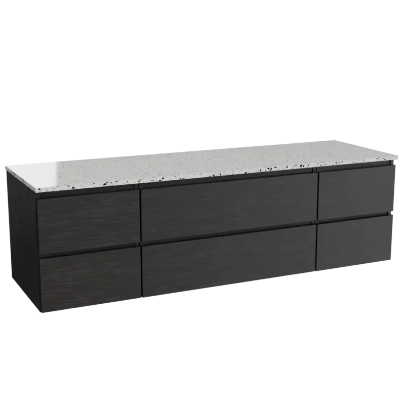 Saisonangebot Balmani Lucida hängendes Möbelstück Set: 180 x 55 cm, Schwarze Eiche, mit Stretto Einzel- oder Doppel Waschtischplatte, Terrazzo in Weiß/Schwarz matt