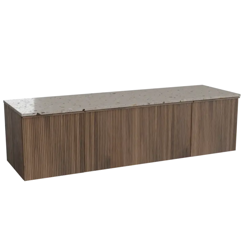 Balmani Forma hängendes Möbelstück Set: 180 x 55 cm, Amerikanischer Nussbaum, mit Stretto Einzel- oder Doppel Waschtischplatte, Terrazzo in Greige, Vertikale symmetrische gerade Rippe Mega-Angebot