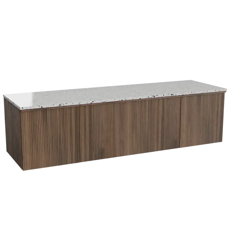 Balmani Forma hängendes Möbelstück Set: 180 x 55 cm, Amerikanischer Nussbaum, mit Stretto Einzel- oder Doppel Waschtischplatte, Terrazzo in Weiß/Schwarz matt, Vertikale symmetrische gerade Rippe Schnäppchen