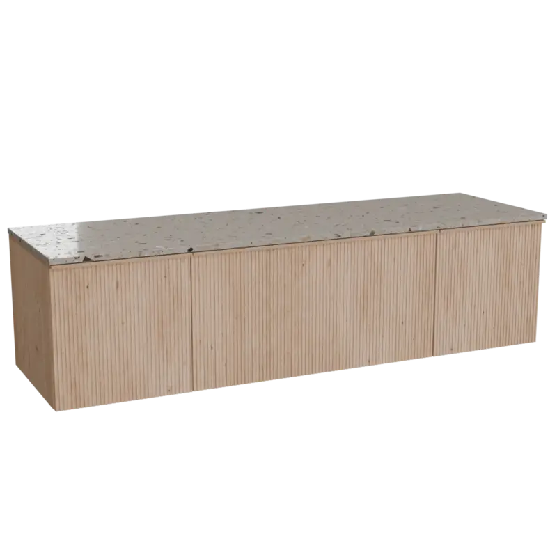 Expressversand Balmani Forma hängendes Möbelstück Set: 180 x 55 cm, Naturbelassene Eiche, mit Stretto Einzel- oder Doppel Waschtischplatte, Terrazzo in Greige, Vertikale symmetrische gerade Rippe