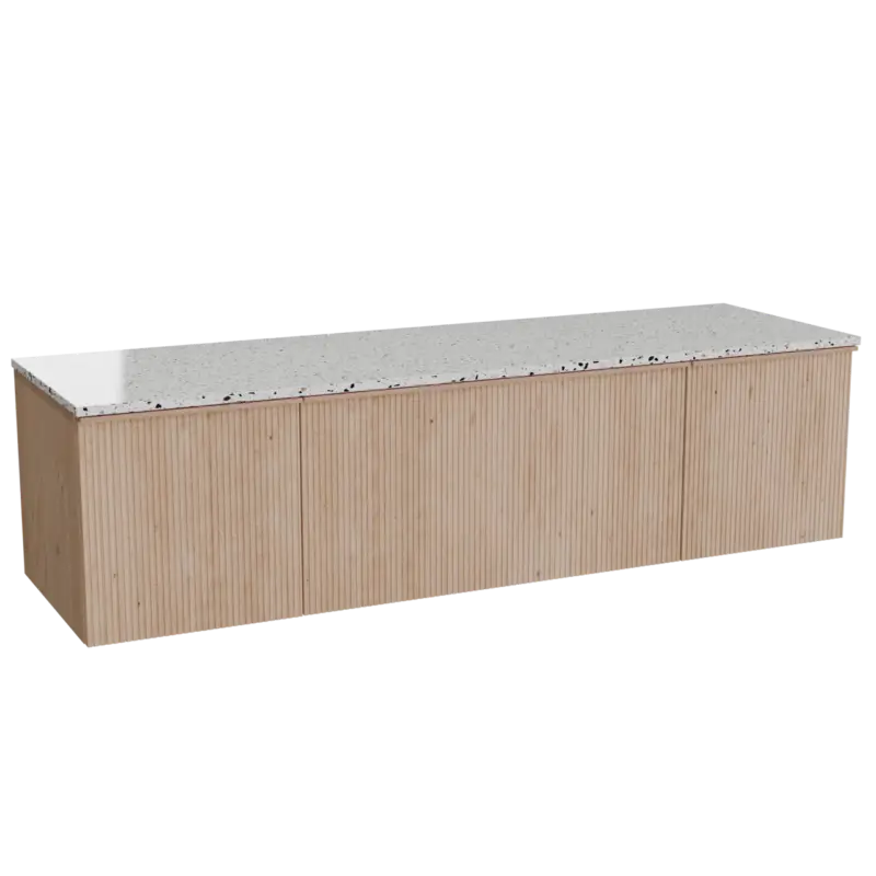 Balmani Forma hängendes Möbelstück Set: 180 x 55 cm, Naturbelassene Eiche, mit Stretto Einzel- oder Doppel Waschtischplatte, Terrazzo in Weiß/Schwarz matt, Vertikale symmetrische gerade Rippe Mega-Angebot