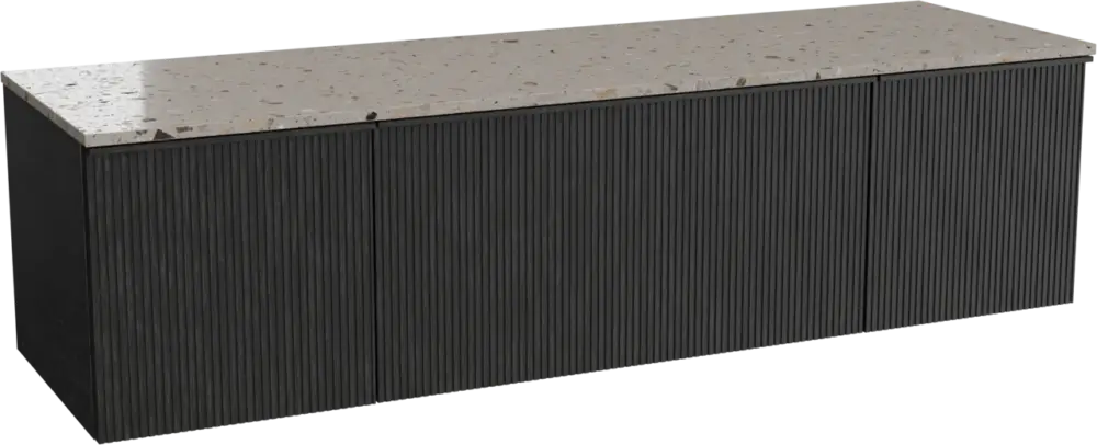 Kracherpreis Balmani Forma hängendes Möbelstück Set: 180 x 55 cm, Schwarze Eiche, mit Stretto Einzel- oder Doppel Waschtischplatte, Terrazzo in Greige, Vertikale symmetrische gerade Rippe