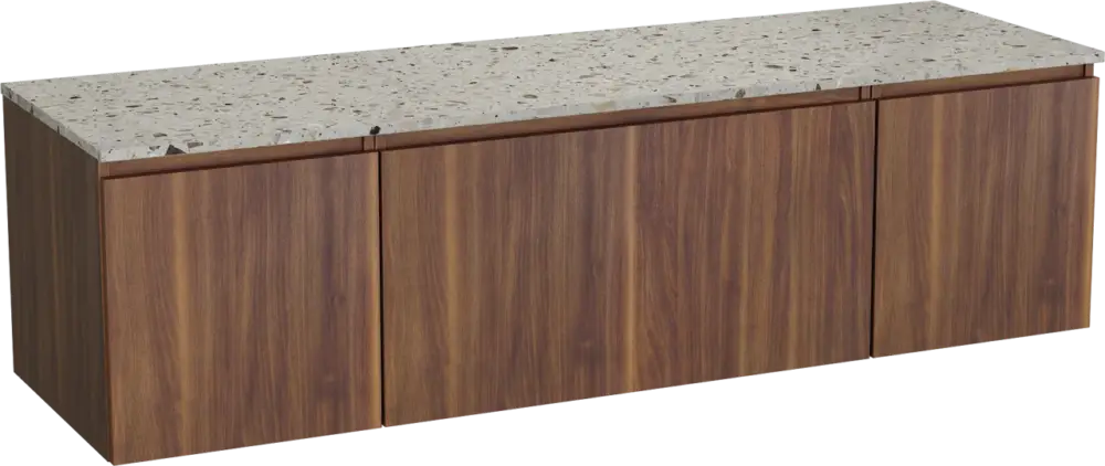 Abverkauf Balmani Sfera by Lucida hängendes Möbelstück Set: 180 x 55 cm, Amerikanischer Nussbaum, mit Stretto Einzel- oder Doppel Waschtischplatte, Terrazzo in Greige