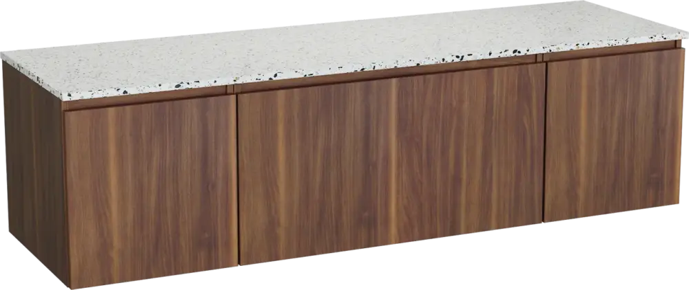 Ausverkauf Balmani Sfera by Lucida hängendes Möbelstück Set: 180 x 55 cm, Amerikanischer Nussbaum, mit Stretto Einzel- oder Doppel Waschtischplatte, Terrazzo in Weiß/Schwarz matt