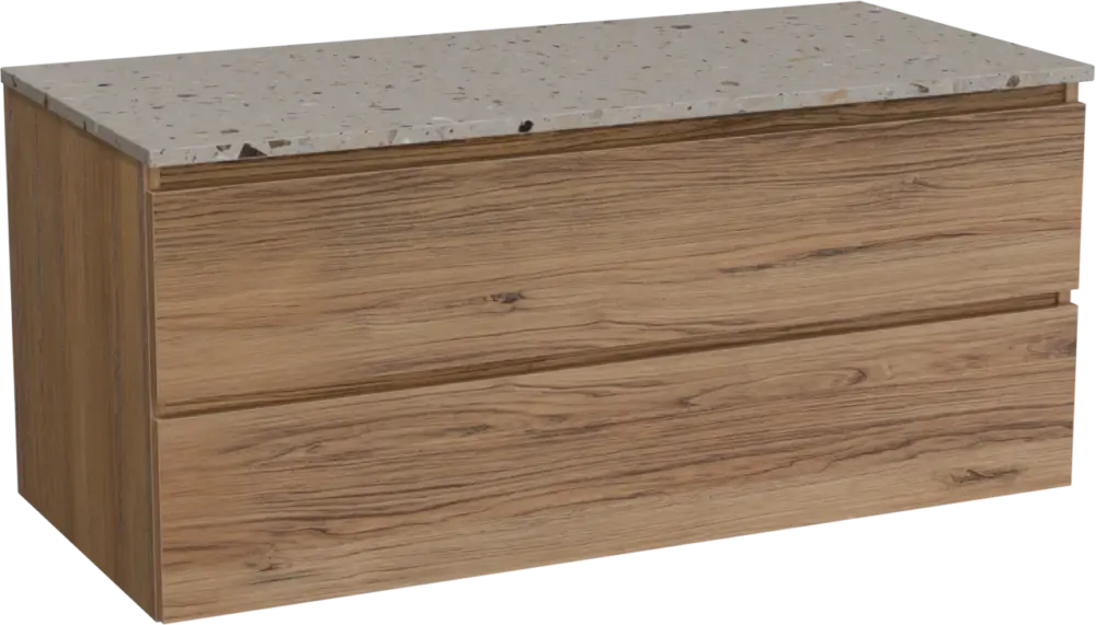 Saisonangebot Balmani Lucida hängendes Möbelstück Set: 120 x 55 cm, Teak, mit Stretto Einzel- oder Doppel Waschtischplatte, Terrazzo in Greige