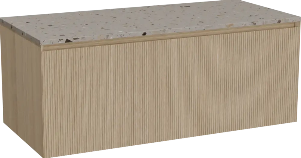Kracherpreis Balmani Fila by Mitra hängendes Möbelstück Set: 120 x 55 cm, Naturbelassene Eiche, mit Stretto Einzel- oder Doppel Waschtischplatte, Terrazzo in Greige, Vertikale symmetrische gerade Rippe