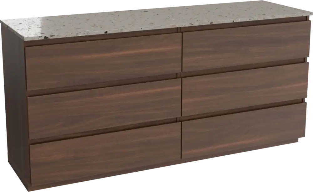 Aktuell Balmani Lucida freistehendes Möbelstück Set: 180 x 55 cm, Amerikanischer Nussbaum, mit Stretto Einzel- oder Doppel Waschtischplatte, Terrazzo in Greige