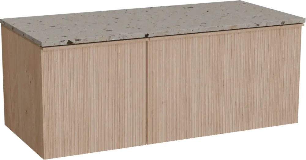 Aktuell Balmani Forma hängendes Möbelstück Set: 120 x 55 cm, Naturbelassene Eiche, mit Stretto Einzel- oder Doppel Waschtischplatte, Terrazzo in Greige, Vertikale asymmetrische Runde Rippe