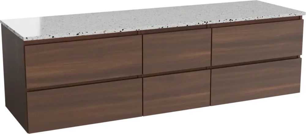 Balmani Lucida hängendes Möbelstück Set: 180 x 55 cm, Amerikanischer Nussbaum, mit Stretto Einzel- oder Doppel Waschtischplatte, Terrazzo in Weiß/Schwarz matt Sofort Bestellen