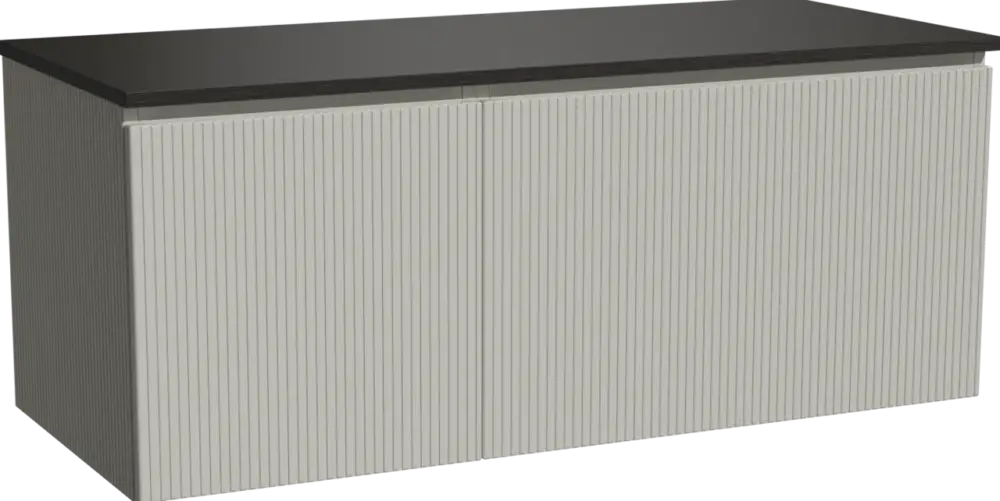 Aktuell Storke Ribs hängendes Möbelstück Set: 120 x 52 cm, Seidengrau, mit Panton Einzel- oder Doppel Waschtischplatte, Pulverbeschichtetes MDF, Schwarz matt, Vertikale symmetrische gerade Rippe