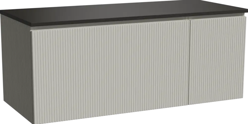 Zertifiziert Storke Ribs hängendes Möbelstück Set: 120 x 52 cm, Seidengrau, mit Panton Einzel- oder Doppel Waschtischplatte, Pulverbeschichtetes MDF, Schwarz matt, Vertikale symmetrische gerade Rippe