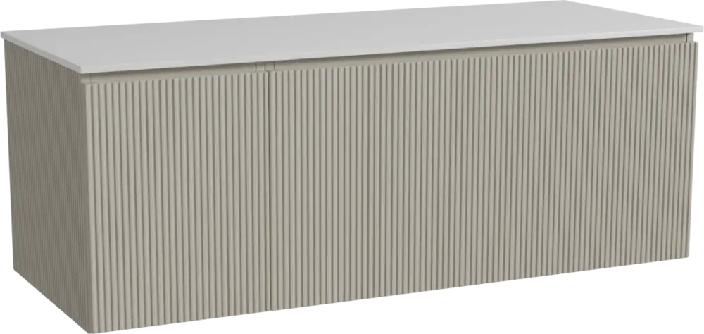 Zertifiziert Storke Ribs hängendes Möbelstück Set: 130 x 52 cm, Seidengrau, mit Tavola Einzel- oder Doppel Waschtischplatte, Solid Surface, Weiß matt, Vertikale symmetrische gerade Rippe