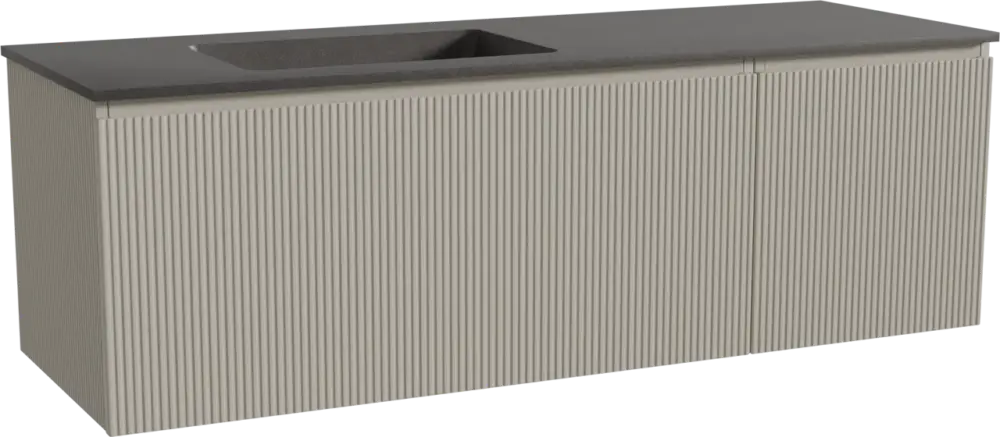 Abverkauf Storke Ribs hängendes Möbelstück Set: 150 x 52 cm, Seidengrau, mit Scuro Waschtisch links, Quarz, Schwarz matt, Vertikale symmetrische gerade Rippe