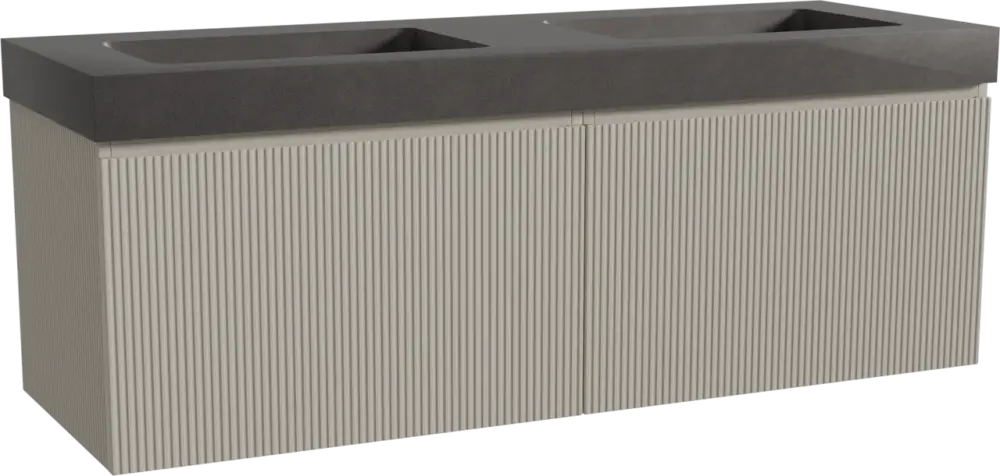 Storke Ribs hängendes Möbelstück Set: 150 x 52 cm, Seidengrau, mit Scuro High Doppelwaschtisch, Quarz, Schwarz matt, Vertikale symmetrische gerade Rippe Preis Gesenkt