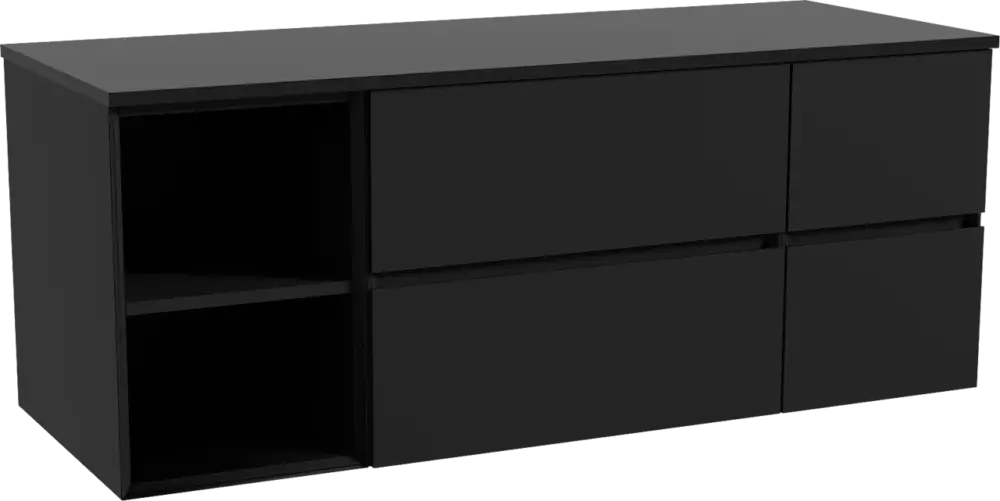Sofort Bestellen Storke Edge hängendes Möbelstück Set: 135 x 52 cm, Schwarz matt, mit Panton Einzel- oder Doppel Waschtischplatte, Pulverbeschichtetes MDF Schwarz matt