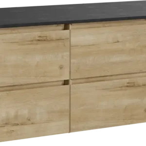 Zertifiziert Balmani Mitra hängendes Möbelstück Set: 120 x 55 cm, Rohe Eiche, mit Stretto Einzel Waschtischplatte, Schwarzes Granit