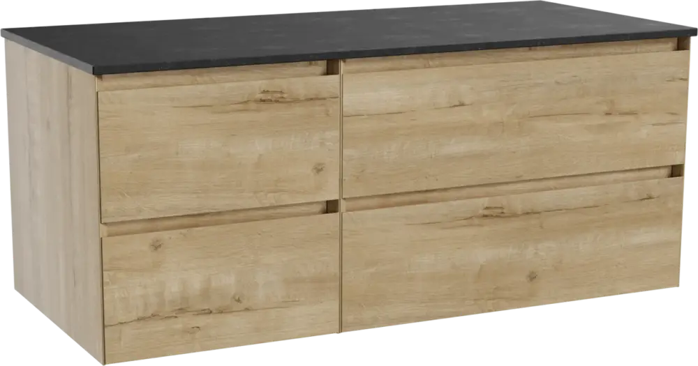 Zertifiziert Balmani Mitra hängendes Möbelstück Set: 120 x 55 cm, Rohe Eiche, mit Stretto Einzel Waschtischplatte, Schwarzes Granit