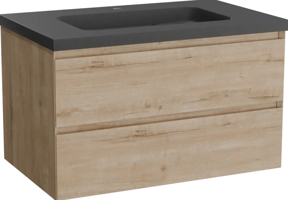 Neu Balmani Mitra hängendes Möbelstück Set: 90 x 55 cm, Rohe Eiche, mit Napoli Einzelwaschtisch, Schwarzes Granit