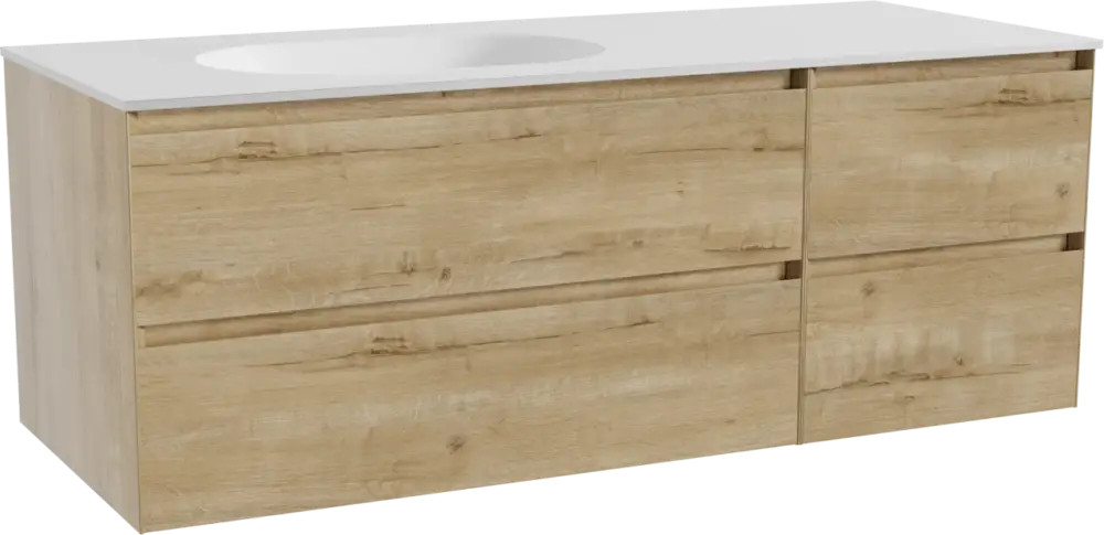 Balmani Mitra hängendes Möbelstück Set: 135 x 55 cm, Rohe Eiche, mit Tablo Oval Waschtisch links, Solid Surface Weiß matt Direktkauf