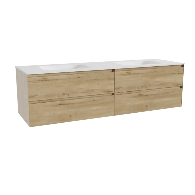 Jetzt Kaufen Balmani Mitra hängendes Möbelstück Set: 180 x 55 cm, Rohe Eiche, mit Tablo Arcato Doppelwaschtisch, Solid Surface Weiß matt