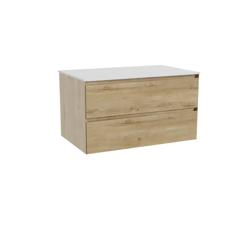 Ausverkauf Balmani Mitra hängendes Möbelstück Set: 90 x 55 cm, Rohe Eiche, mit Stretto Einzel Waschtischplatte, Solid Surface Weiß matt