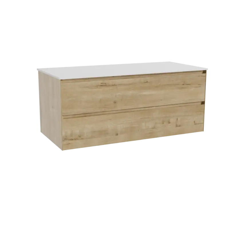 Zertifiziert Balmani Mitra hängendes Möbelstück Set: 120 x 55 cm, Rohe Eiche, mit Stretto Einzel- oder Doppel Waschtischplatte, Solid Surface Weiß matt
