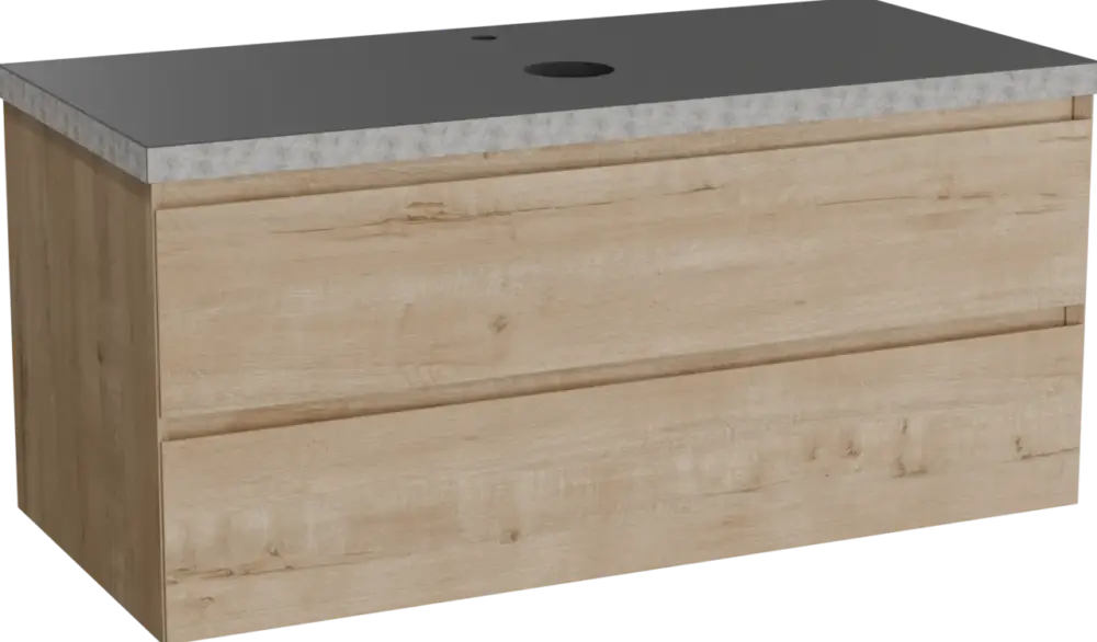 Zertifiziert Balmani Mitra hängendes Möbelstück Set: 120 x 55 cm, Rohe Eiche, mit Rock Einzel Waschtischplatte, Schwarzes Granit