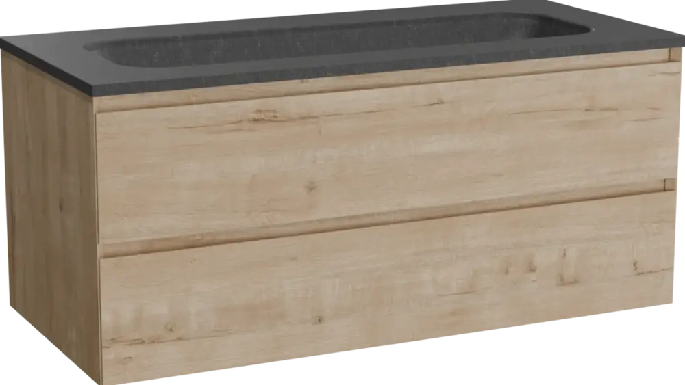 Highlight Balmani Mitra hängendes Möbelstück Set: 120 x 55 cm, Rohe Eiche, mit Tablo Arcato Einzelwaschtisch für 2 Armaturenlöcher, Schwarzes Granit