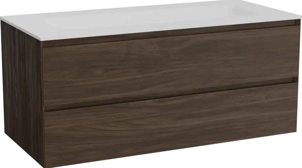 Aktuell Balmani Mitra hängendes Möbelstück Set: 120 x 55 cm, Amerikanischer Nussbaum, mit Tablo Arcato Einzelwaschtisch für 2 Armaturenlöcher, Solid Surface Weiß matt
