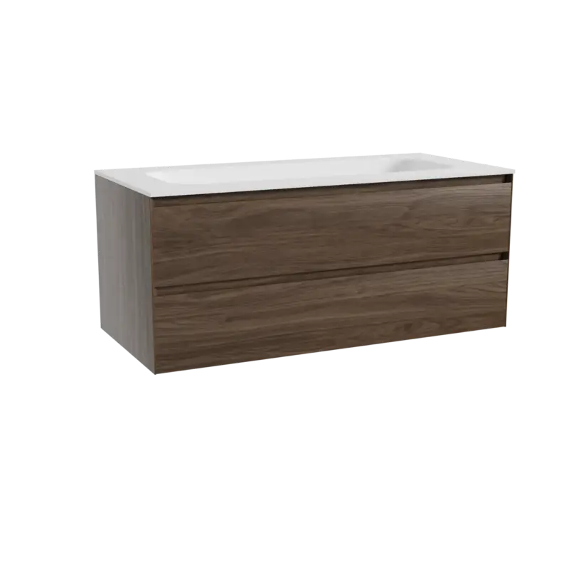 Angebot Balmani Mitra hängendes Möbelstück Set: 120 x 55 cm, Amerikanischer Nussbaum, mit Tablo Arcato Einzelwaschtisch für 2 Armaturenlöcher, Solid Surface Weiß matt