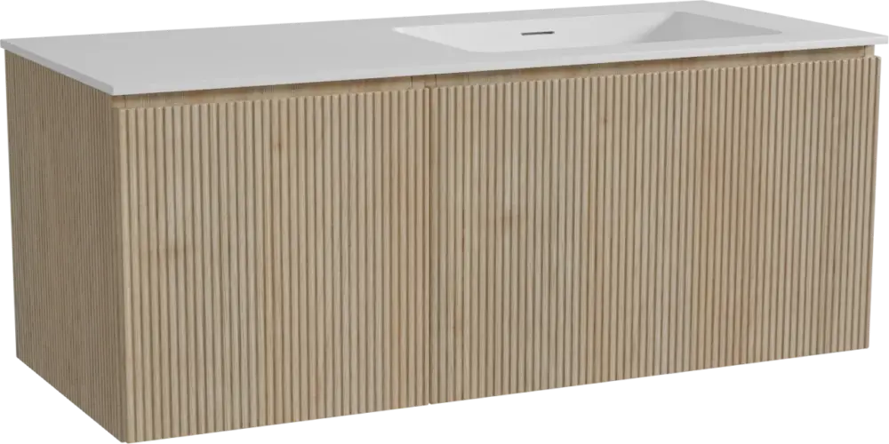 Angebot Storke Ribs hängendes Möbelstück Set: 120 x 52 cm, Rohe Eiche, mit Mata Waschtisch rechts, Solid Surface, Weiß matt, Vertikale symmetrische gerade Rippe