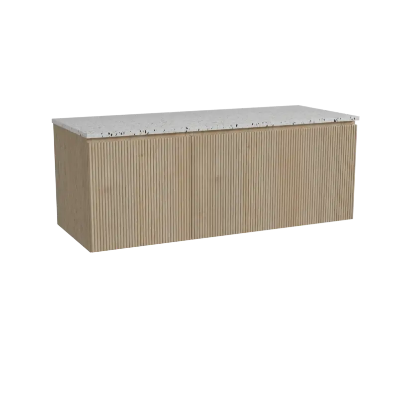 Zertifiziert Storke Ribs hängendes Möbelstück Set: 130 x 52 cm, Rohe Eiche, mit Tavola Einzel- oder Doppel Waschtischplatte, Terrazzo in Weiß/Schwarz matt, Vertikale symmetrische gerade Rippe