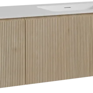 Top-Preis Storke Ribs hängendes Möbelstück Set: 150 x 52 cm, Rohe Eiche, mit Mata Waschtisch rechts, Solid Surface, Weiß matt, Vertikale symmetrische gerade Rippe