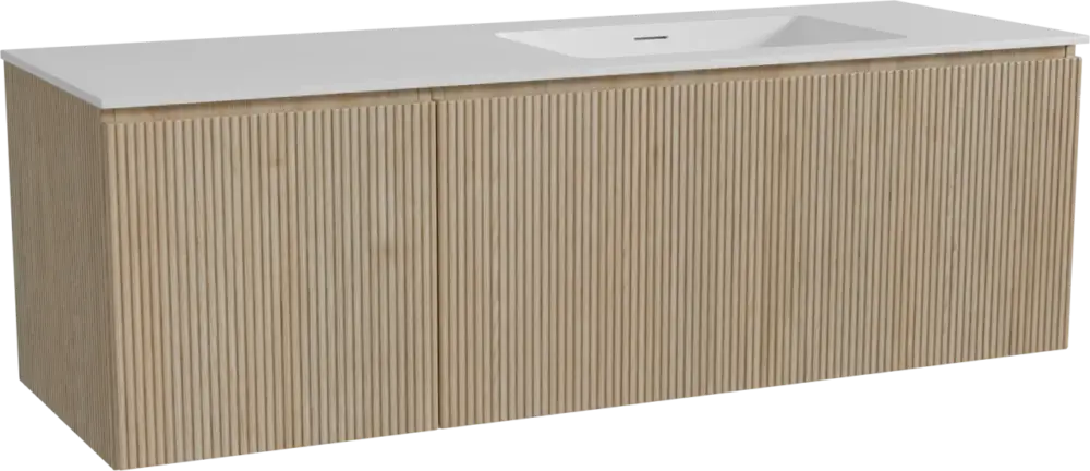 Top-Preis Storke Ribs hängendes Möbelstück Set: 150 x 52 cm, Rohe Eiche, mit Mata Waschtisch rechts, Solid Surface, Weiß matt, Vertikale symmetrische gerade Rippe
