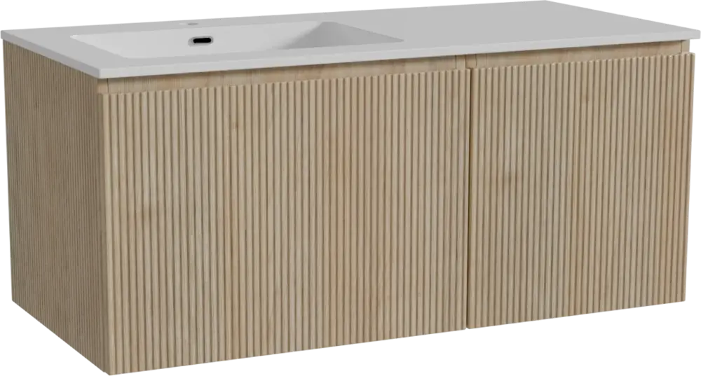 Storke Ribs hängendes Möbelstück Set: 110 x 52 cm, Rohe Eiche, mit Diva Waschtisch links, Marmorkomposit, Weiß glänzend, Vertikale symmetrische gerade Rippe Bestseller